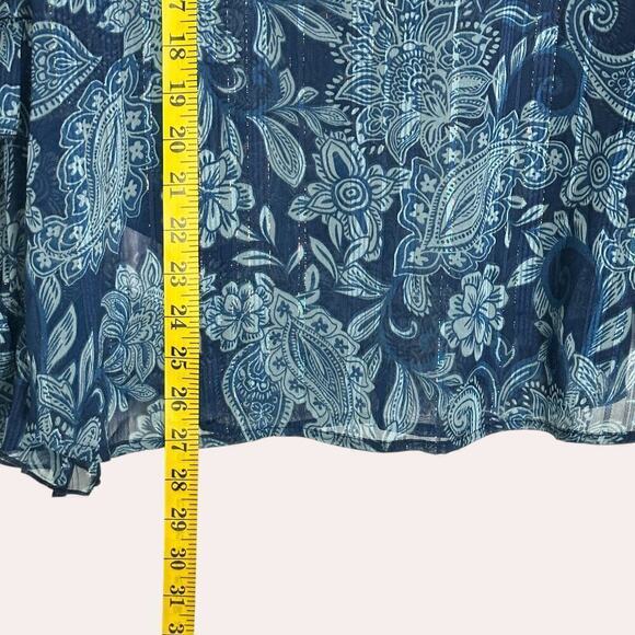 Frye and Co Floral Print Ruffle Sheer Metallic Thread Boho Pheasant Blouse (XL) - Picture 7 of 11